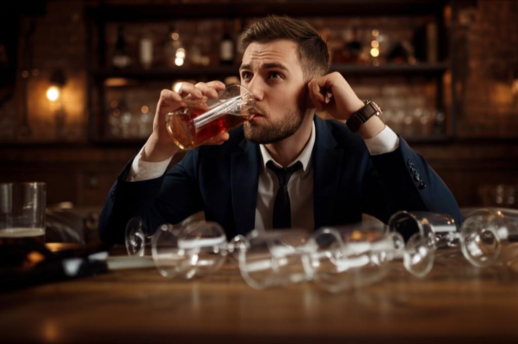 Worried businessman drinking alcohol at a bar, looking tired and stressed, surrounded by empty glasses.