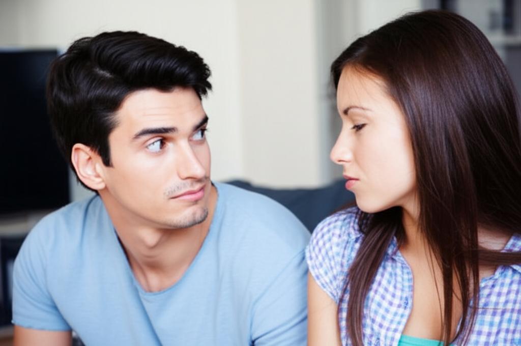 A couple looking at each other with a loving expression, but a hint of concern in their eyes.