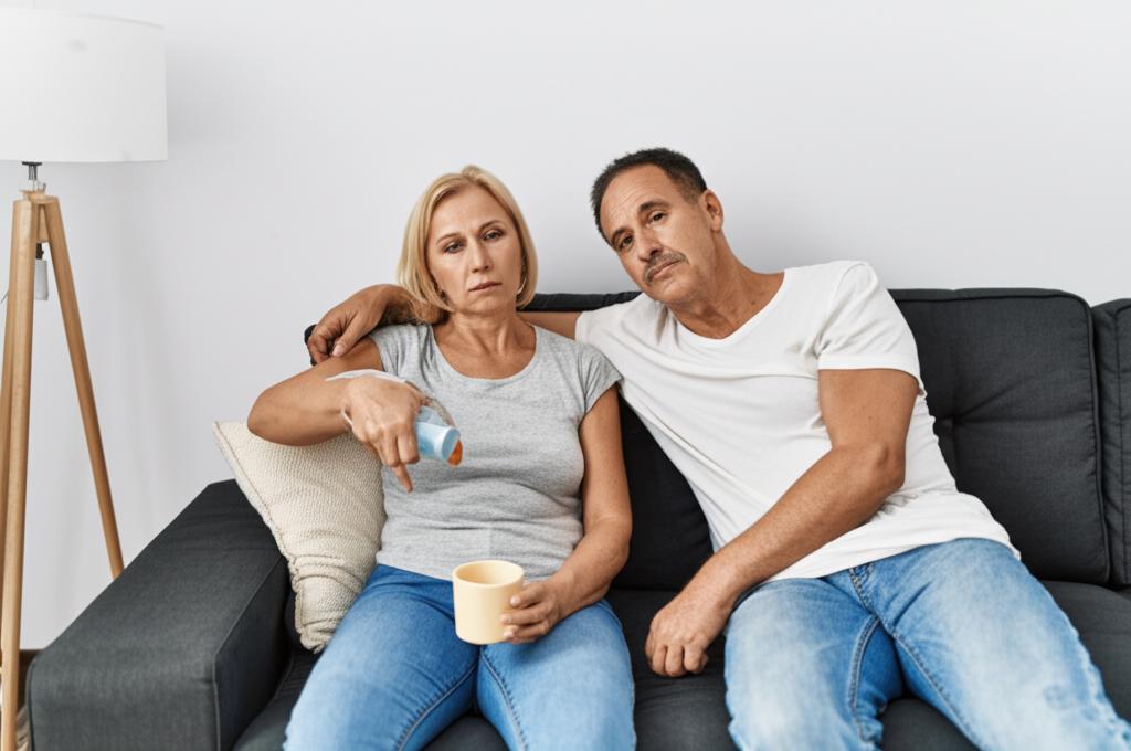 Middle-aged couple looking tired on a sofa, illustrating lack of energy and routine