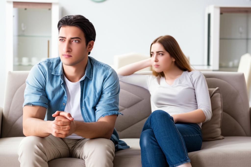 Couple sitting on sofa looking distant, representing fading intimacy