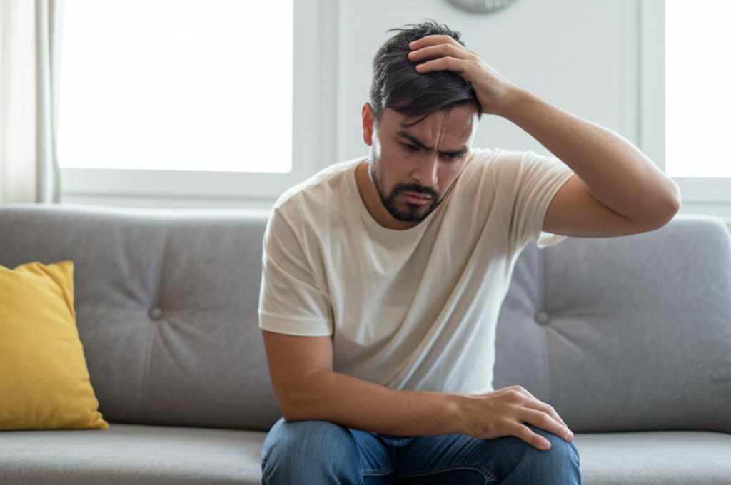 Frustrated man sitting on a couch, looking stressed, representing relationship issues and low energy, realistic photo style