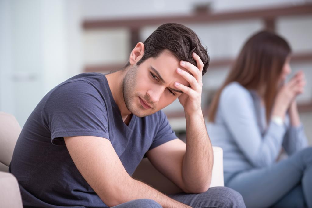 A man sitting alone, looking frustrated and sad, with a blurred background suggesting relationship strain