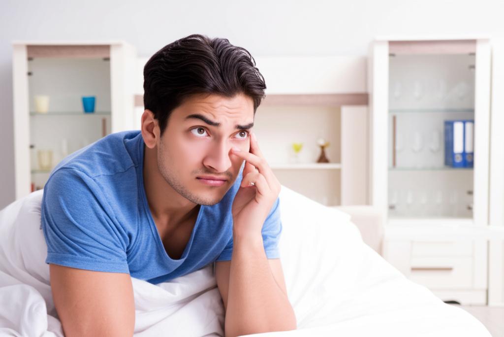 man looking stressed in bedroom