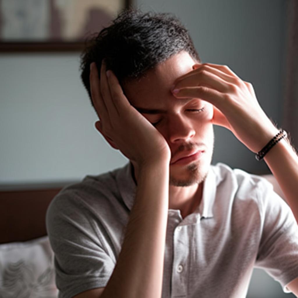 young man looking stressed and disappointed in a dimly lit room