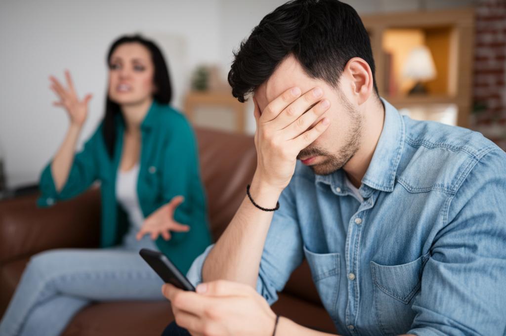 Stressed man looking at phone with partner complaining in background