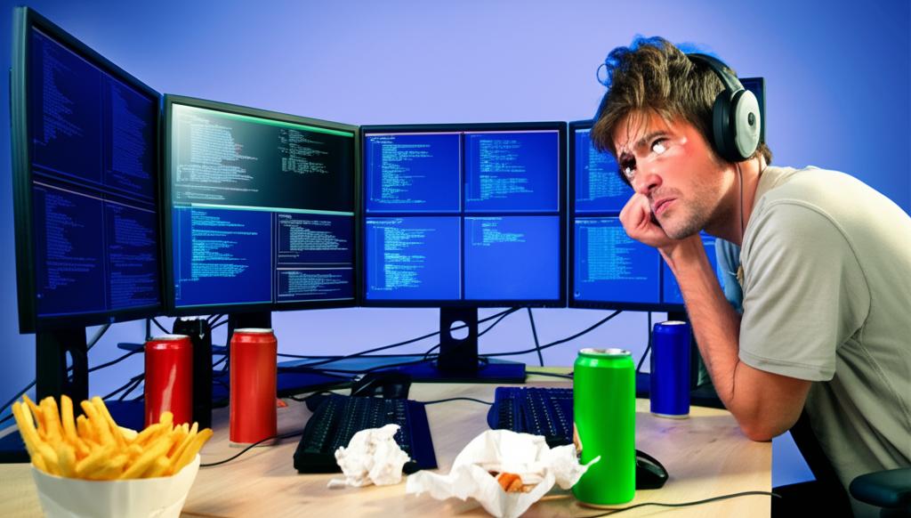A stressed programmer sitting at a desk with multiple monitors, surrounded by energy drink cans and fast food wrappers, looking tired and overwhelmed.