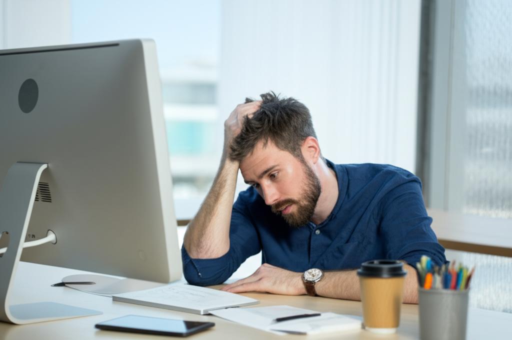 Tired male office worker sitting at desk, looking exhausted, coffee cup nearby, early morning light