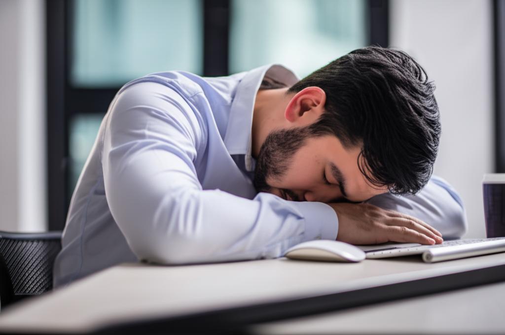 AI prompt: A tired office worker slumped over a desk, looking exhausted and stressed, with blurry background of office environment, realistic photo style