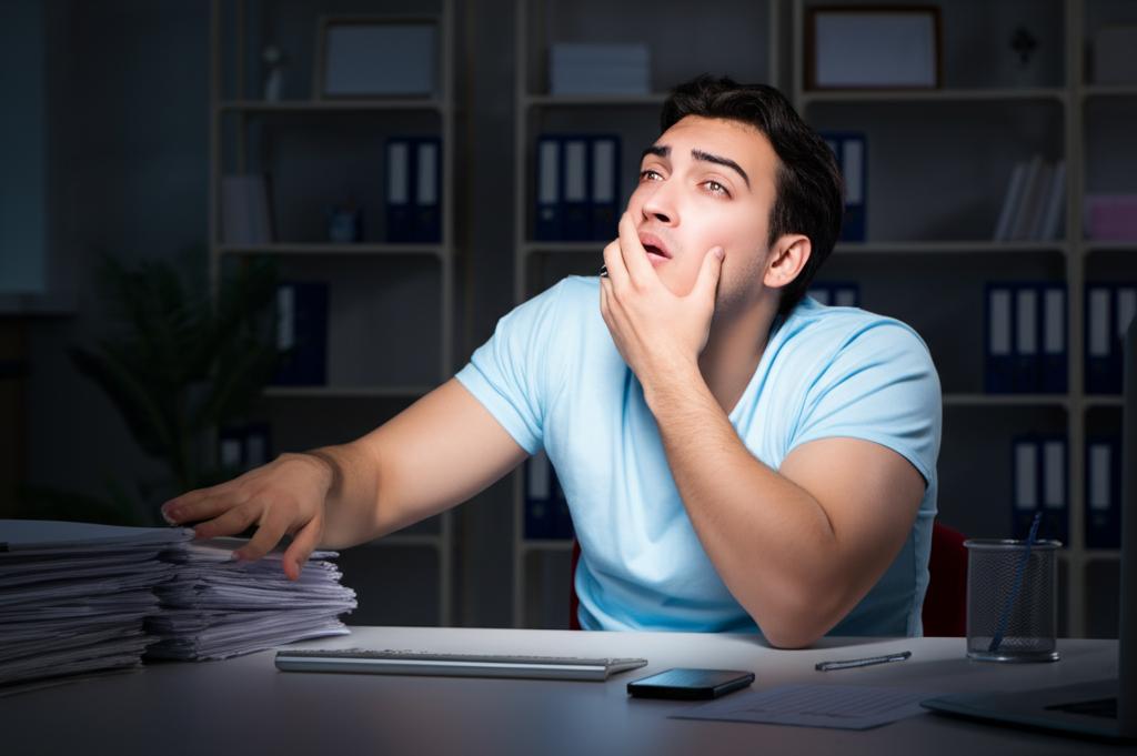 Tired man working late at desk, feeling exhausted, low energy