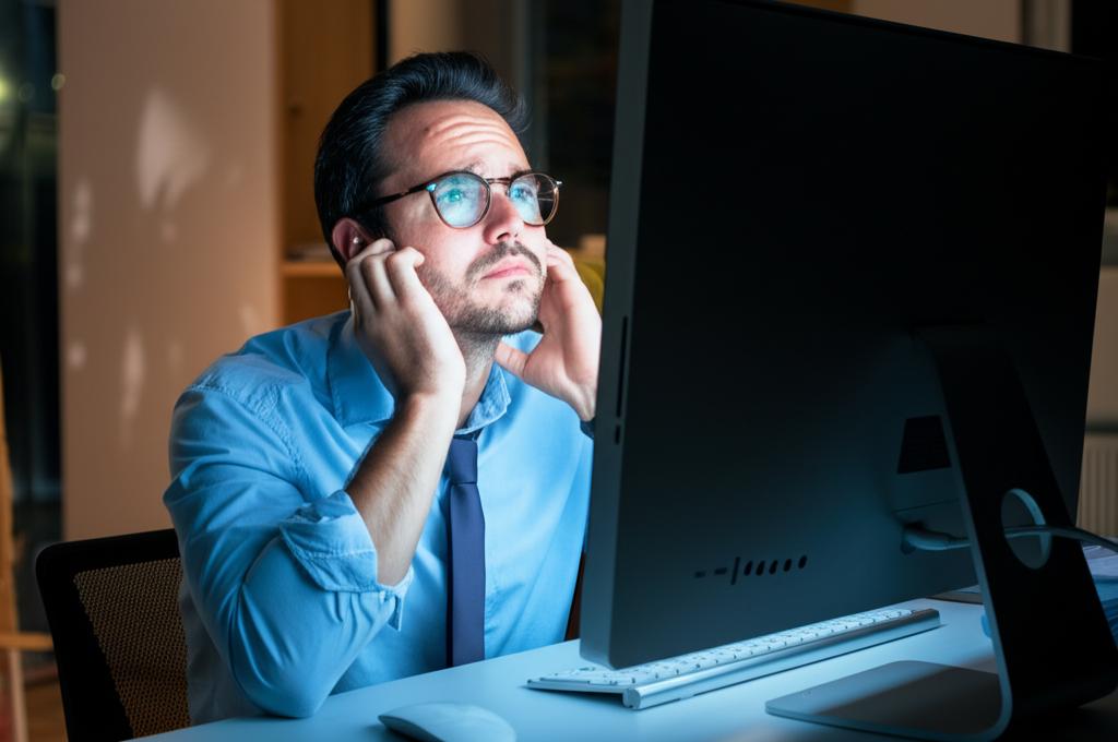 A stressed entrepreneur sitting at a desk late at night, illuminated by a computer screen.