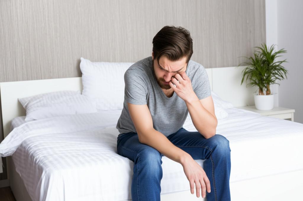 Man feeling tired and stressed sitting on a bed looking frustrated