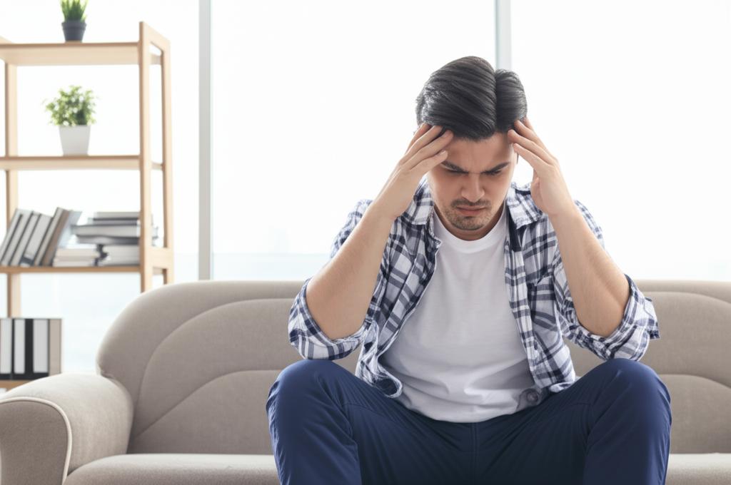 A man sitting on a couch looking tired and stressed, with a blurred background of a messy living room.