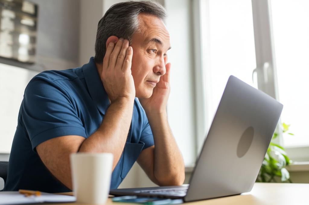Middle-aged man looking tired and stressed in front of a computer, symbolizing declining energy levels.