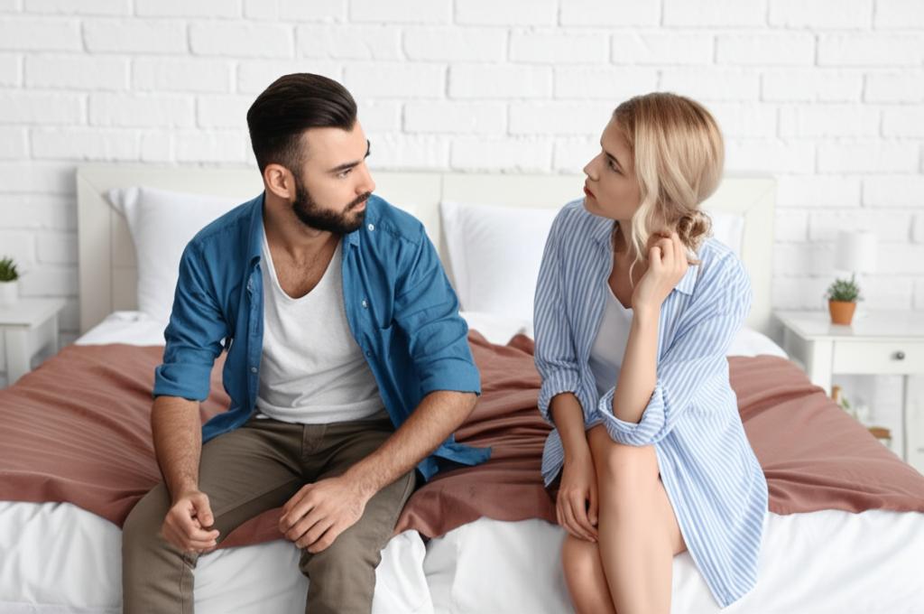A couple looking at each other with a concerned expression, sitting on the edge of a bed.