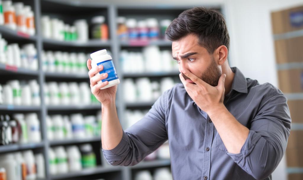 A frustrated man looking at a shelf full of supplements, feeling overwhelmed and disappointed.