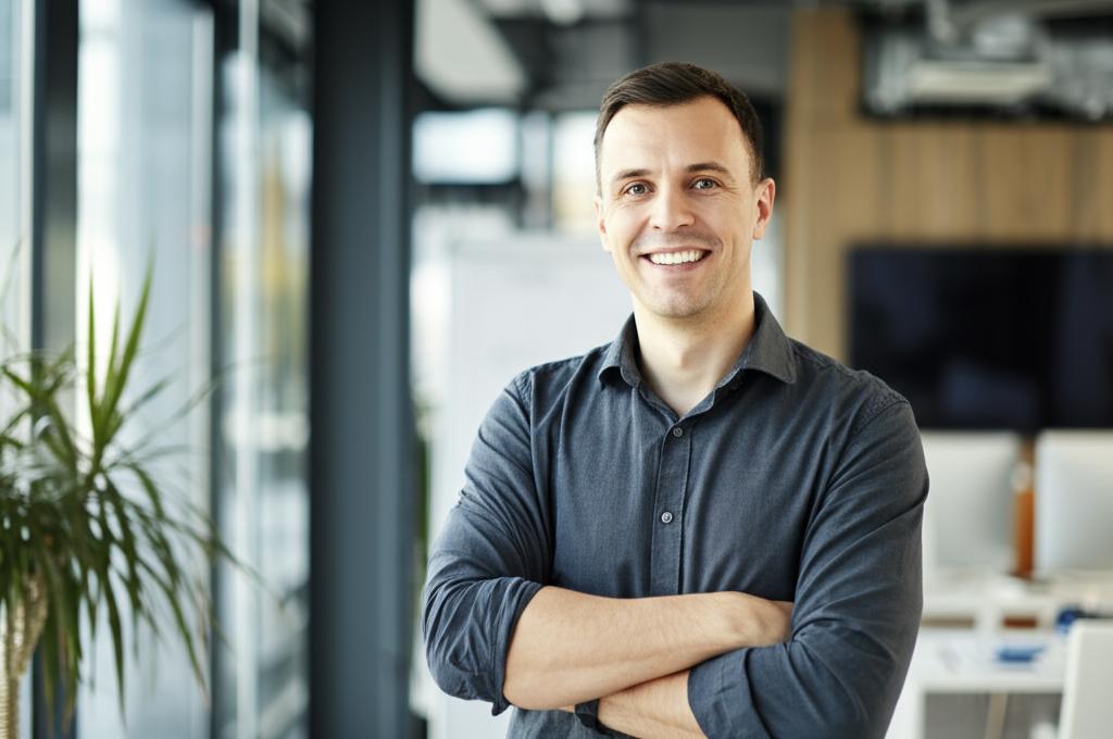 Smiling man in his 30s, looking energetic and confident, standing in a modern office setting.