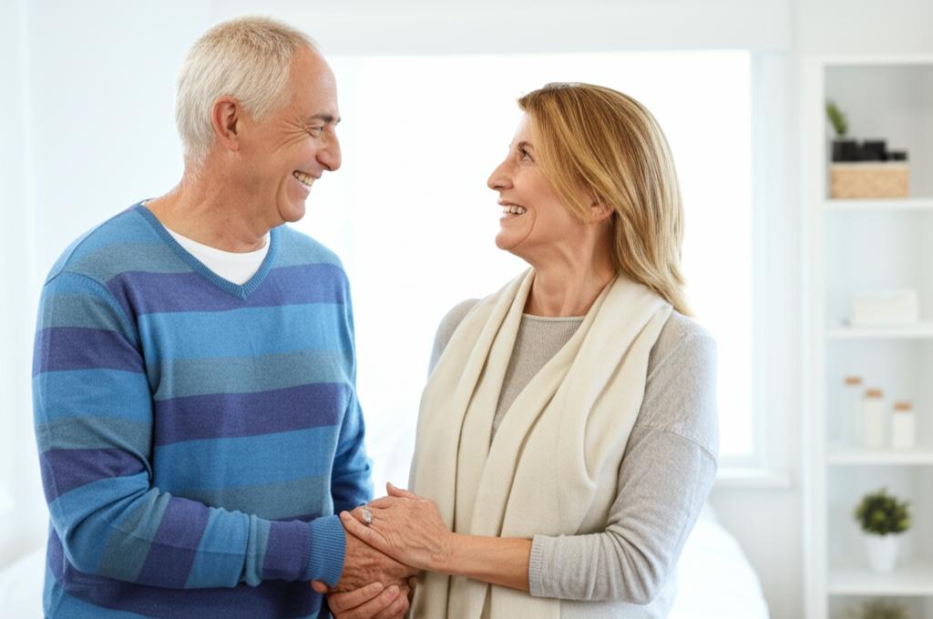 Happy middle-aged couple holding hands and smiling, illustrating improved relationship and energy