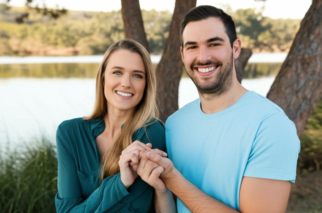 Happy couple smiling and holding hands on a date, representing improved relationship and intimacy, realistic photo style