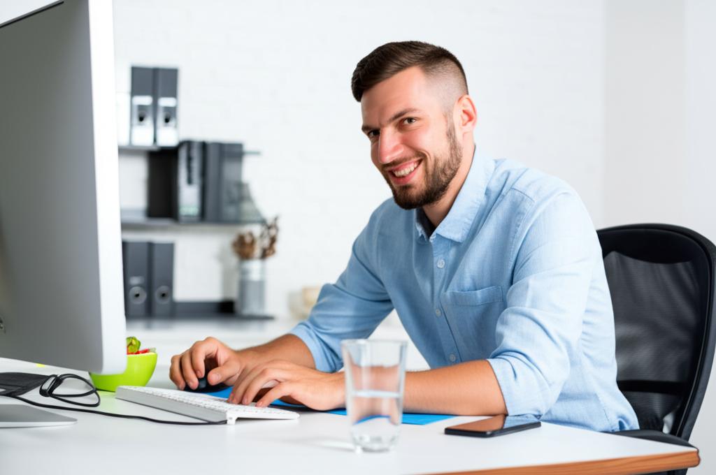 A programmer looking healthy and energetic, smiling and working at a clean and organized desk with a healthy snack and a glass of water.