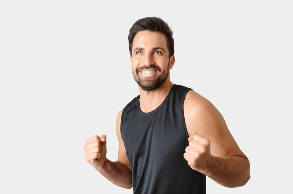 A man looking energetic and happy during or after a workout, representing positive change