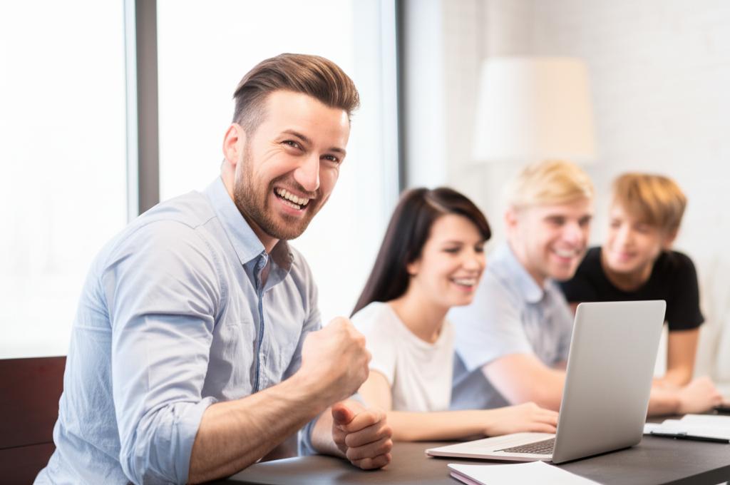 Man smiling and energetic, spending time with family after work, feeling revitalized