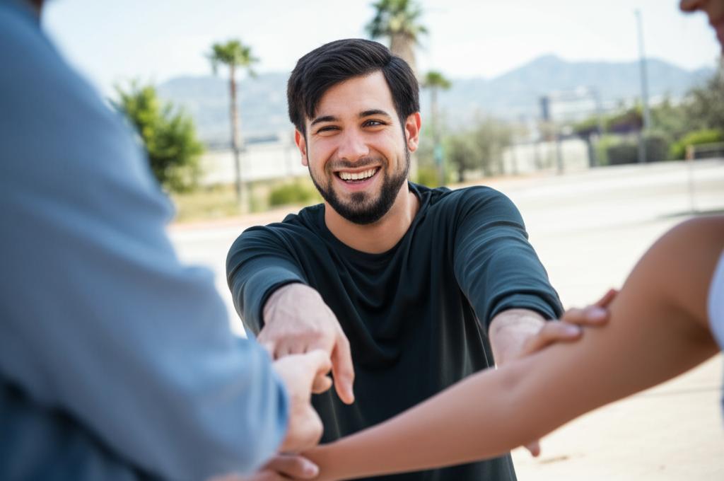 man smiling, looking energetic, holding hands with partner