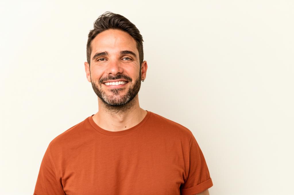 Happy man looking confident and energetic smiling