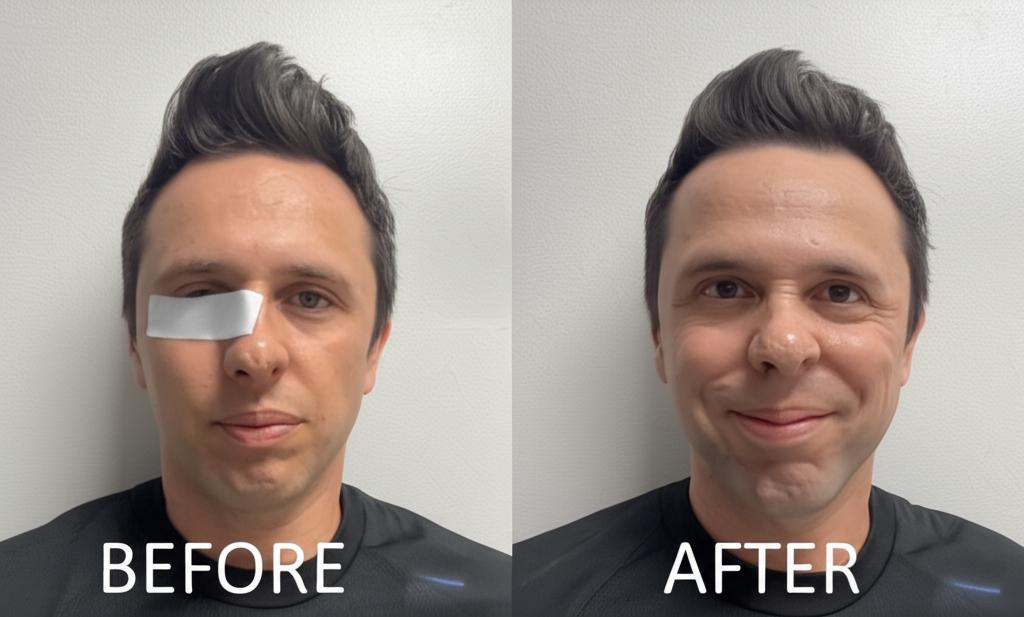 A before-and-after photo of a man. The 
