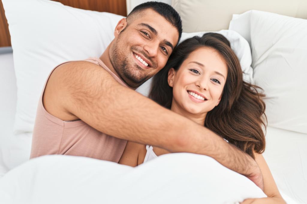 A smiling couple embracing in bed, looking happy and intimate.