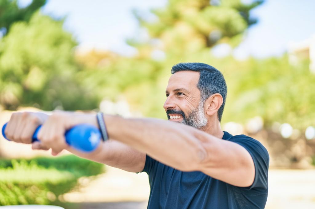 Smiling middle-aged man exercising outdoors, looking energetic and healthy.