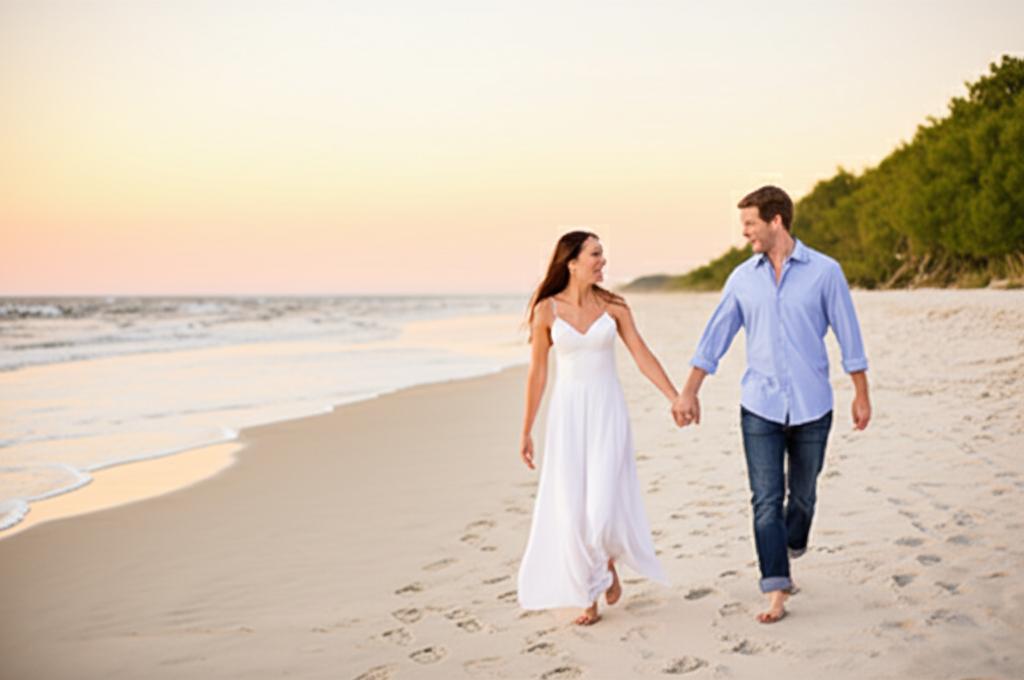 A smiling couple holding hands, walking on a beach at sunset.