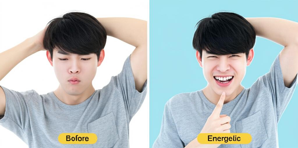 A man looking tired and stressed before using the product, and then looking energetic and happy after using it.