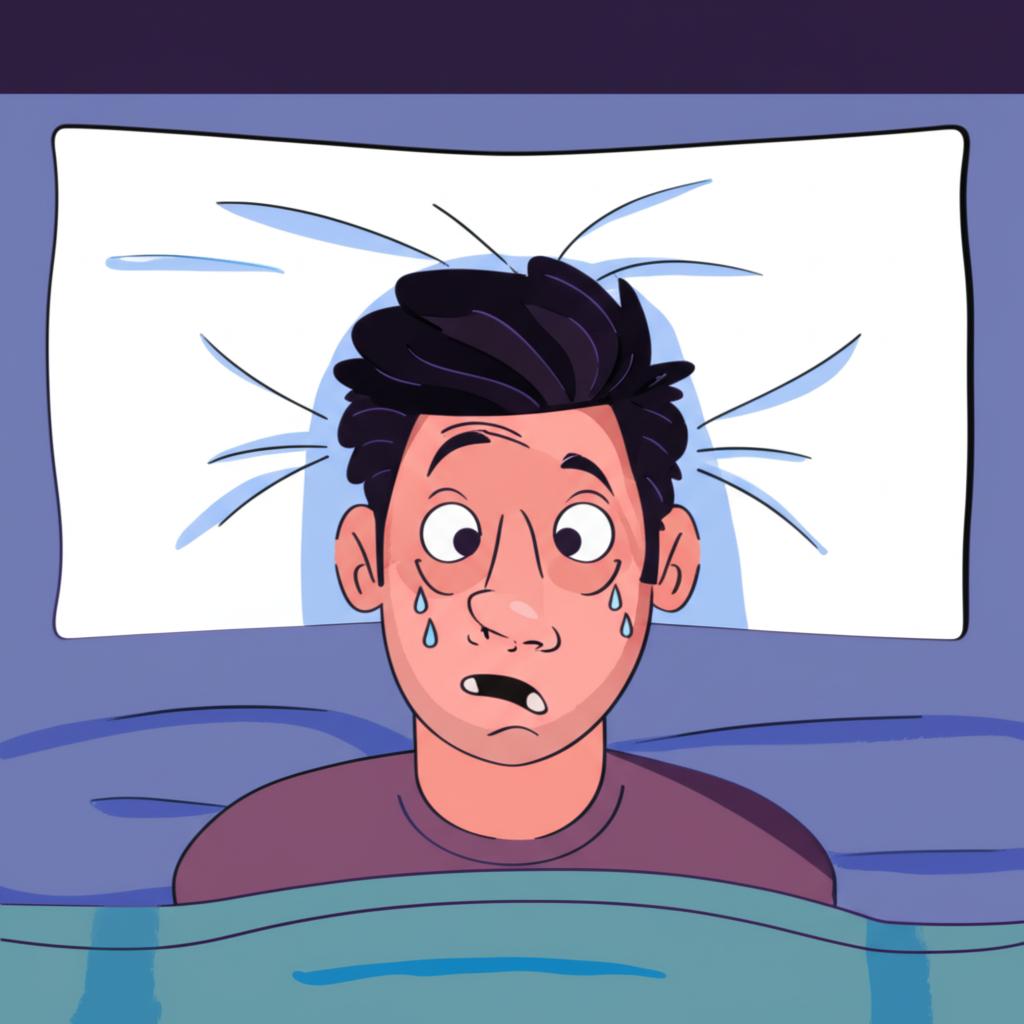 Illustration of a man waking up frequently at night to urinate, looking tired and frustrated.