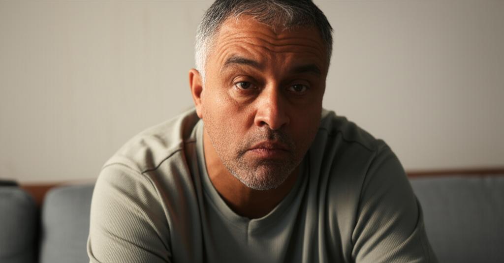 Middle-aged Malaysian man looking tired and stressed, sitting on a sofa, contemplating. Soft, warm lighting.