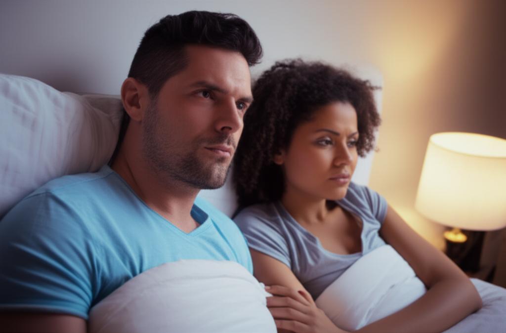 Couple in bed, man looking tired and stressed, woman looking disappointed