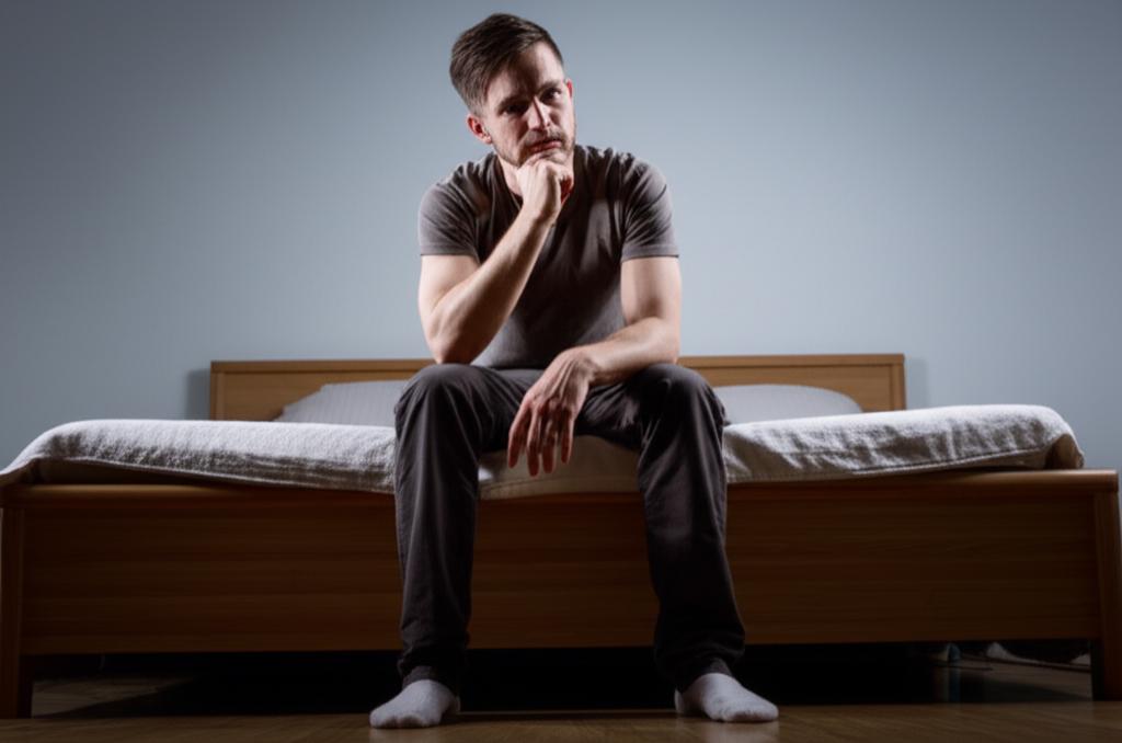 Frustrated young man sitting on a bed, looking stressed, low angle shot, soft lighting, realistic photo