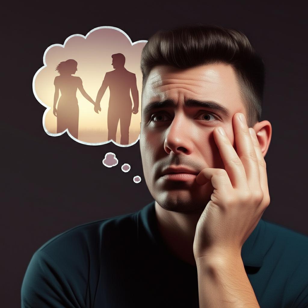 man looking worried about medication side effects, thinking about sex life, illustration, realistic style