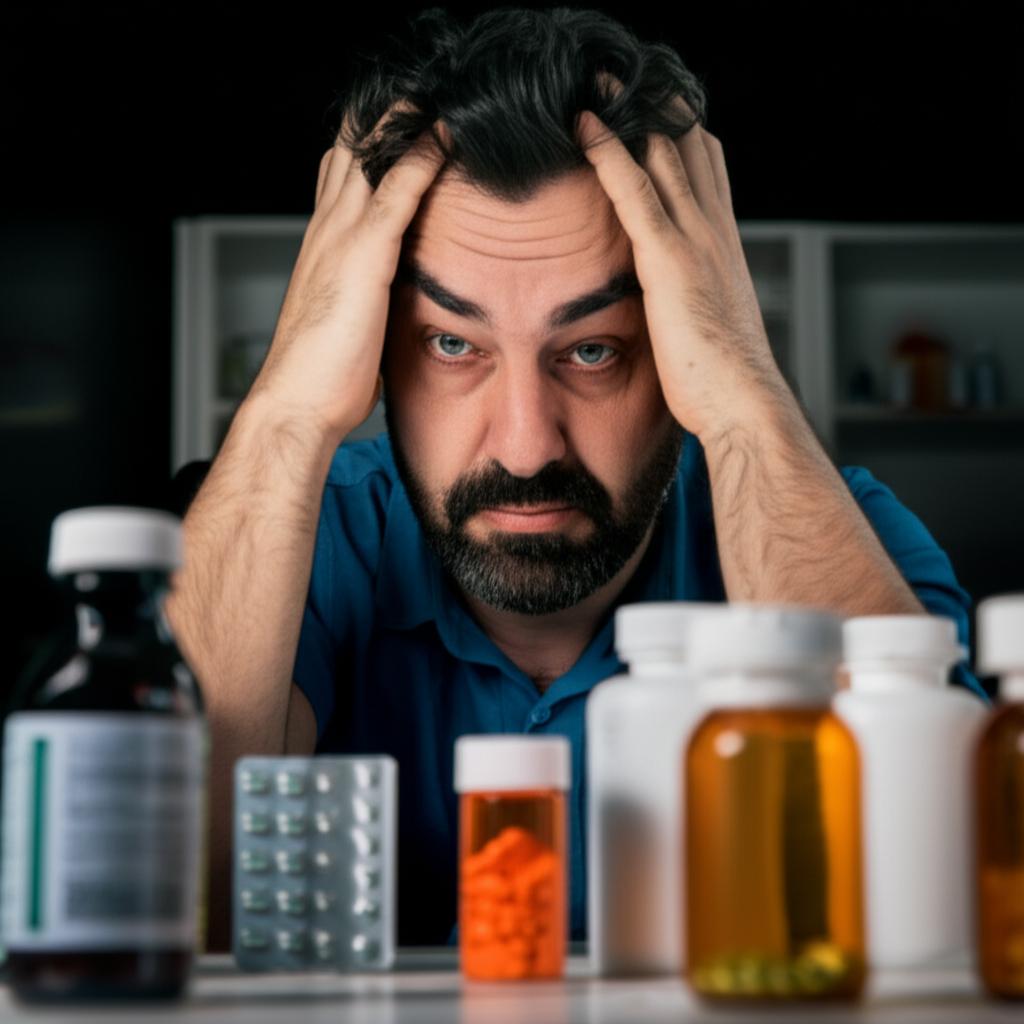 Middle-aged man looking tired and stressed, surrounded by medication bottles, indoor lighting, realistic photo
