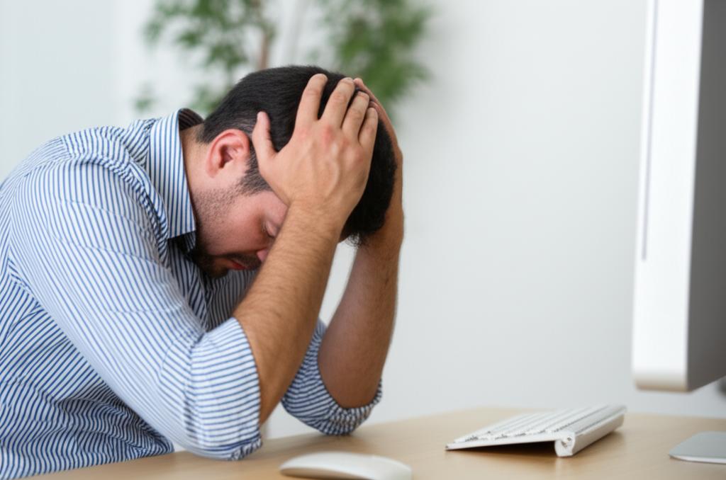 man feeling tired and stressed at work, head in hands