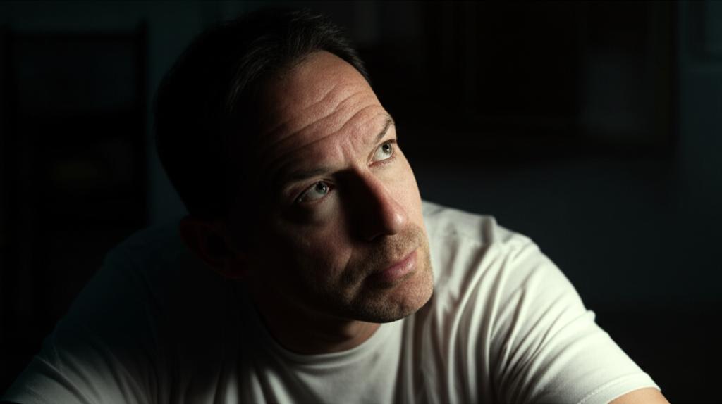 Man looking tired and stressed, thinking about past vigor, in a dimly lit room
