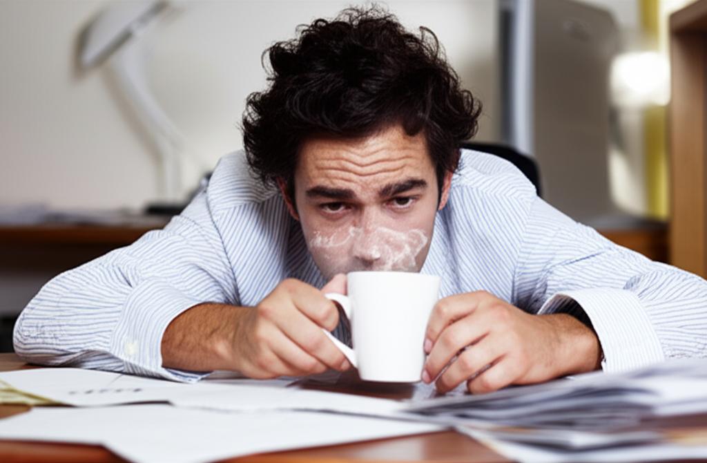 exhausted man drinking coffee at desk