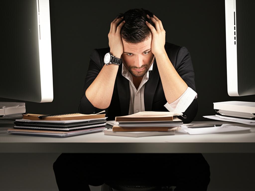 Man looking tired and stressed at work desk, head in hands