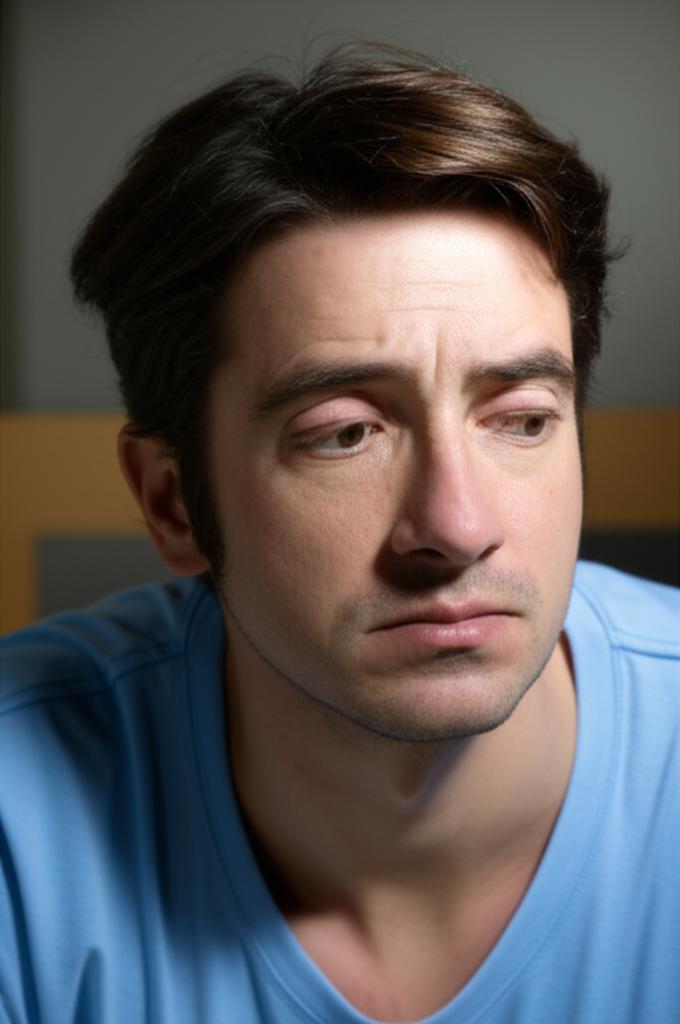 A tired man waking up at night to go to the bathroom, looking exhausted