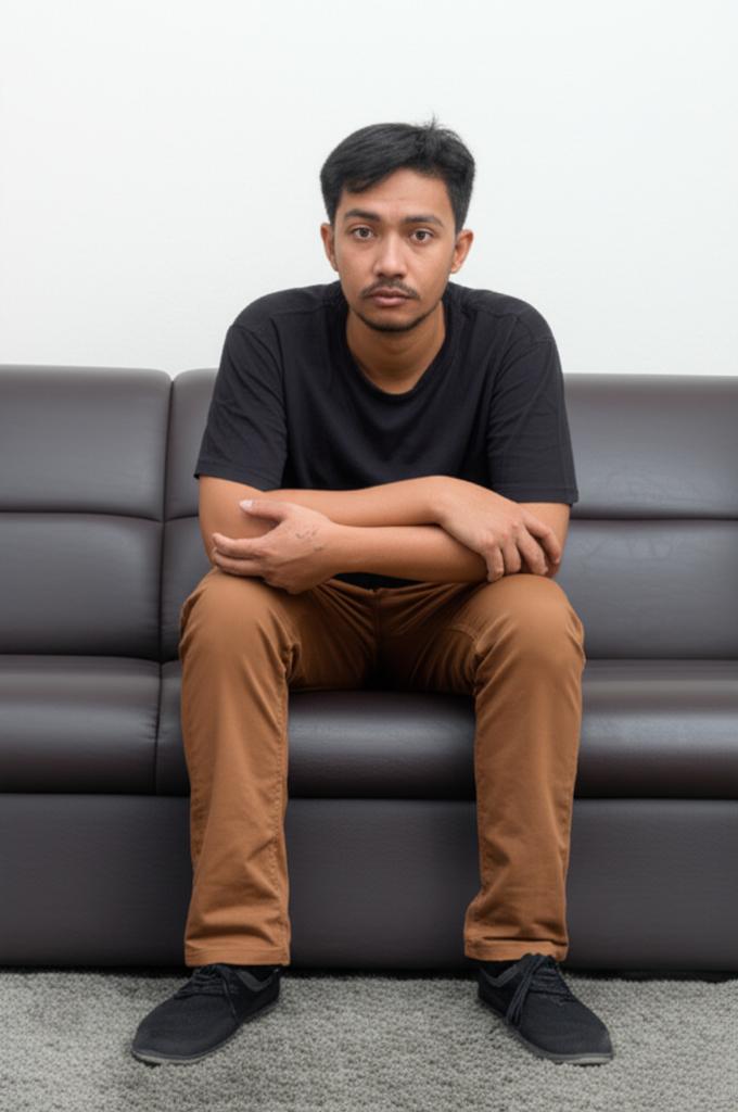 A tired Malaysian man sitting on a couch, looking drained and thoughtful