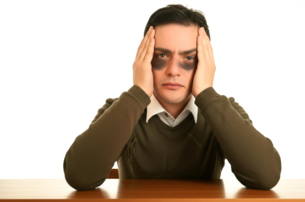 man feeling tired and stressed, low energy, dark circles under eyes, sitting at desk