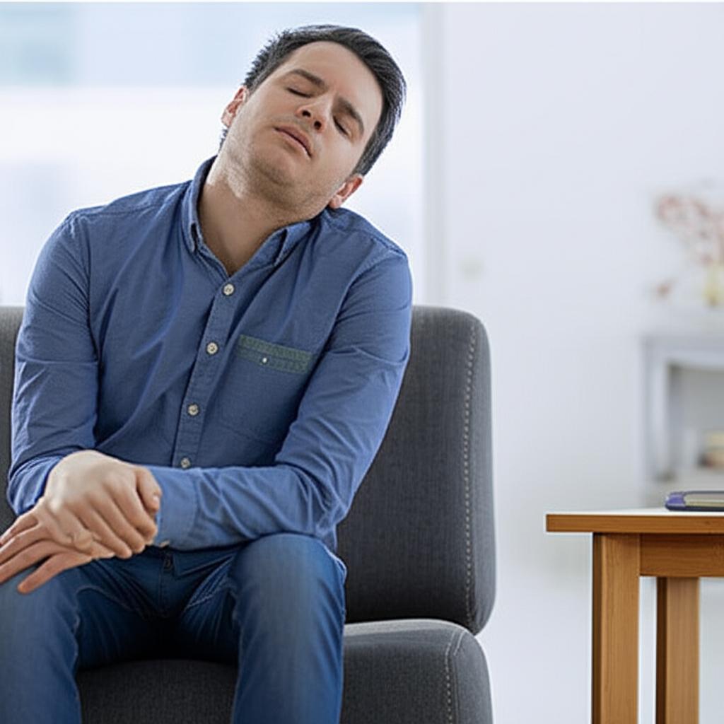 tired man sitting on sofa feeling weak