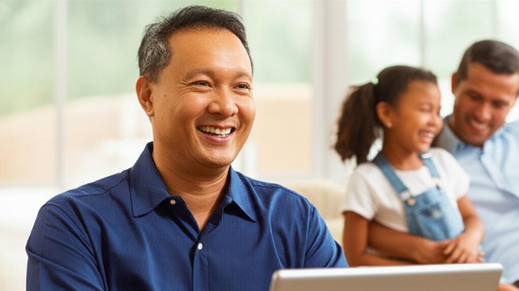 Middle-aged Malaysian man smiling, looking energetic and focused, either working happily or spending quality time with family, bright environment