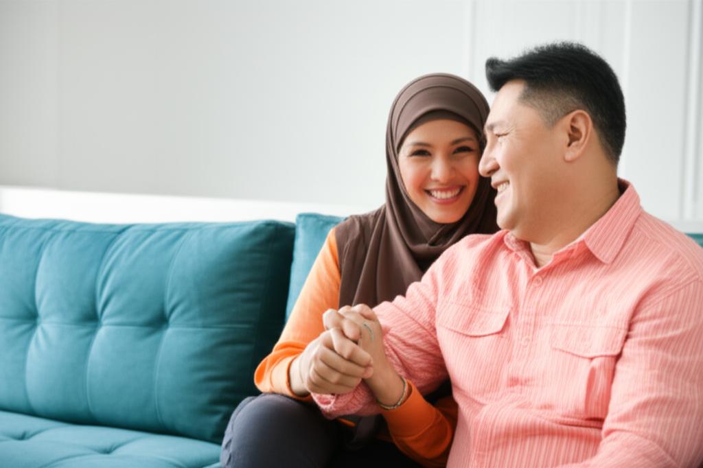Middle-aged Malaysian couple sitting closer on a sofa, holding hands, smiling at each other. Warm, intimate atmosphere.
