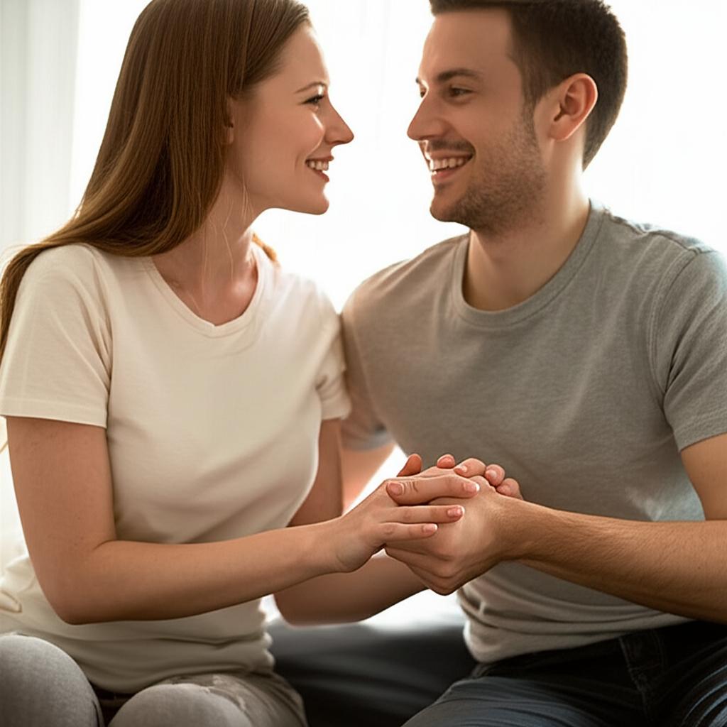 Happy young couple holding hands on a bed, smiling at each other, warm lighting, focus on hands and faces, realistic photo