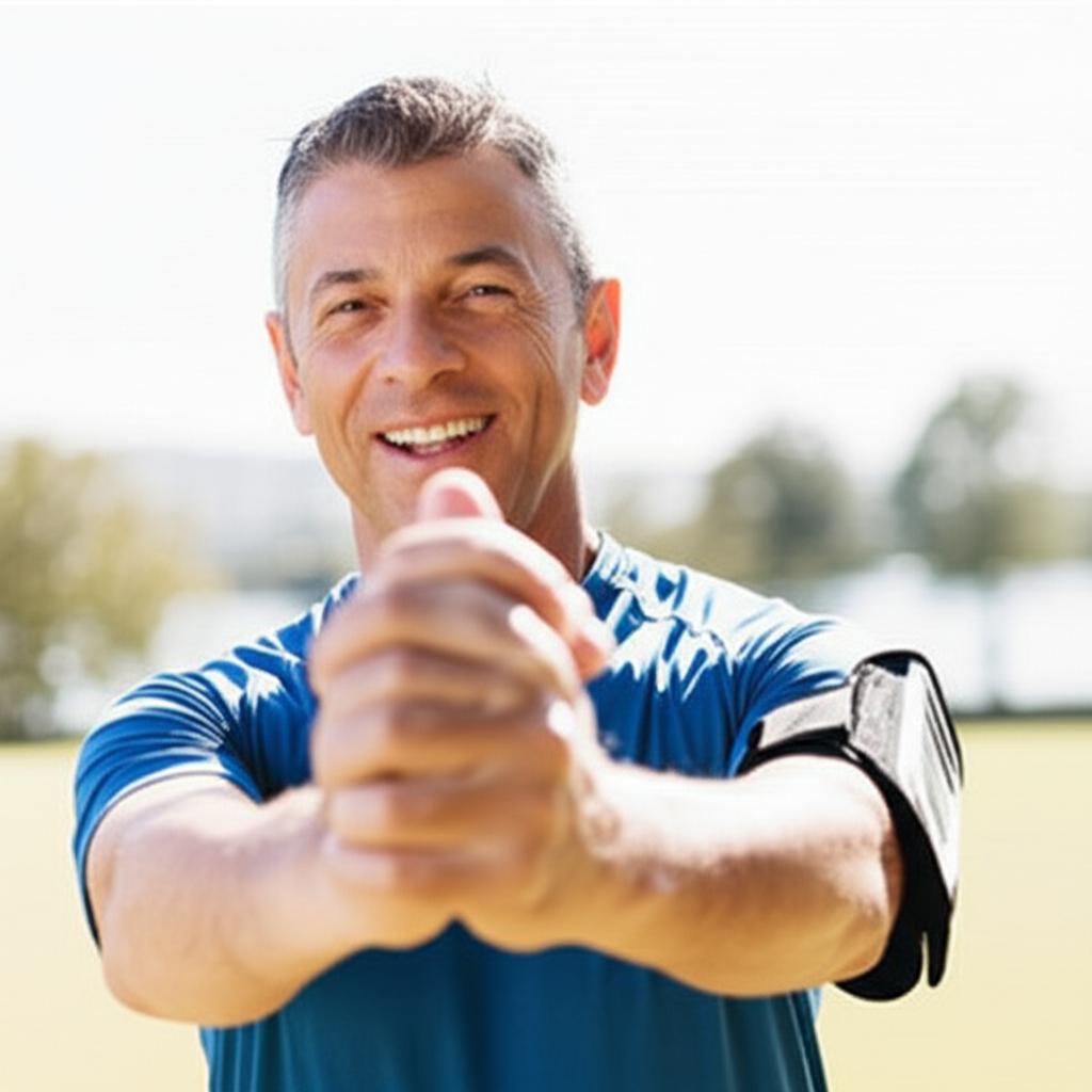 Middle-aged man smiling and energetic, doing light exercise outdoors, sunny day, realistic photo